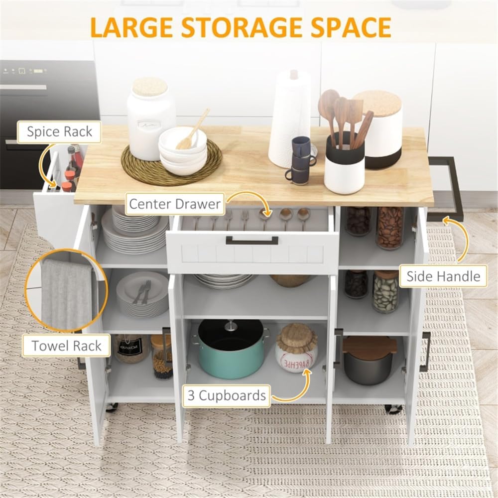 Rolling Kitchen Island on Wheels with Solid Wood Drop Leaf, White K9078