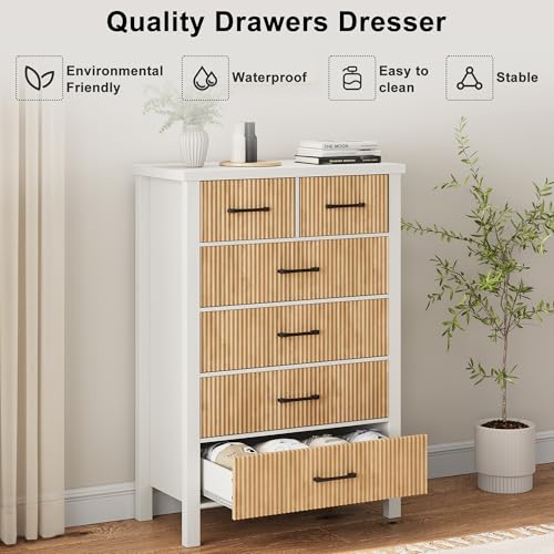 Fluted 6 Drawers Dresser for Bedroom, Tall Boho Chest with Metal Handle, Natural Oak S427