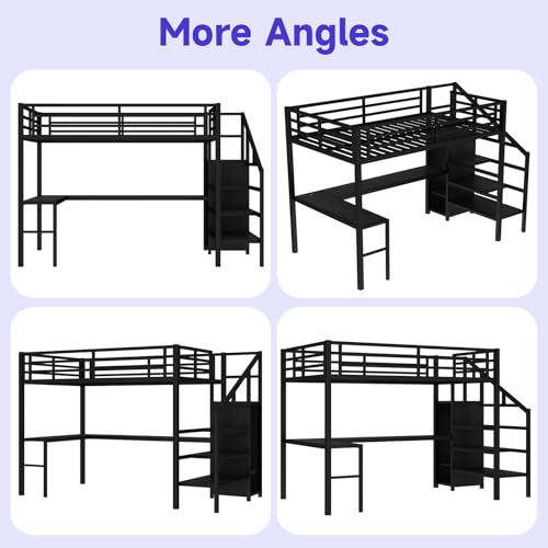 Full Size Metal Loft Bed with L Shaped Desk, Storage Stairs & Charging Station O106322