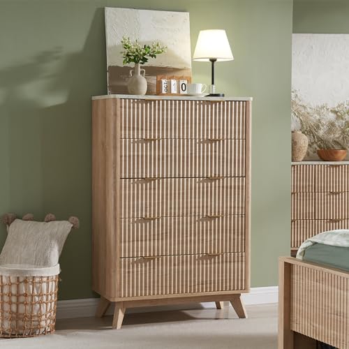 T4TREAM 5 Drawer Dresser with Faux Marble Top, Dark Grey T583