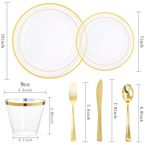 bUCLA 300PCS Gold Disposable Dinnerware Set - White and Gold Plastic Plates for Party S185