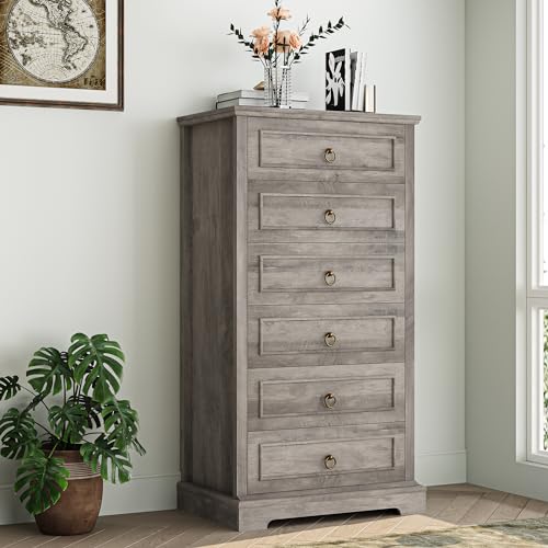 HOSTACK 6 Drawer Dresser for Bedroom, Tall Modern Farmhouse Chest, Dark Brown H747285