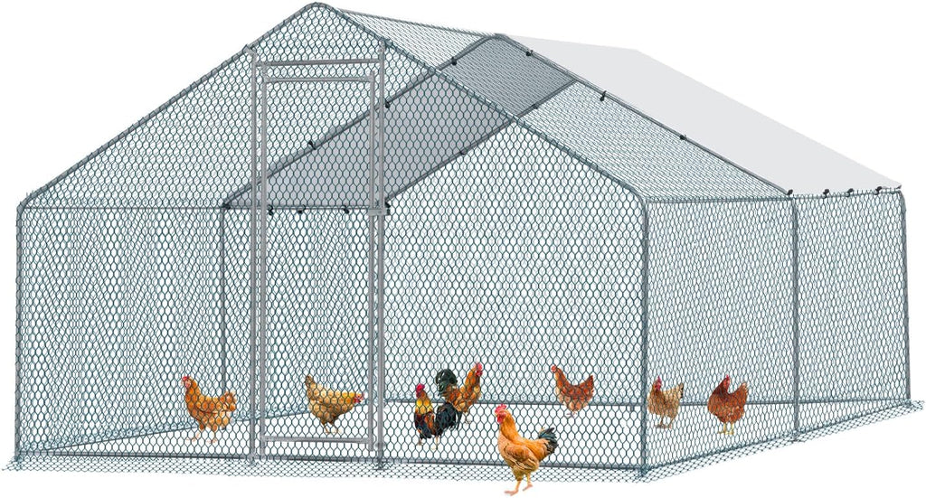 13 x 10 ft Metal Chicken Coop with Waterproof Cover, Walk-in Poultry Cage E9157