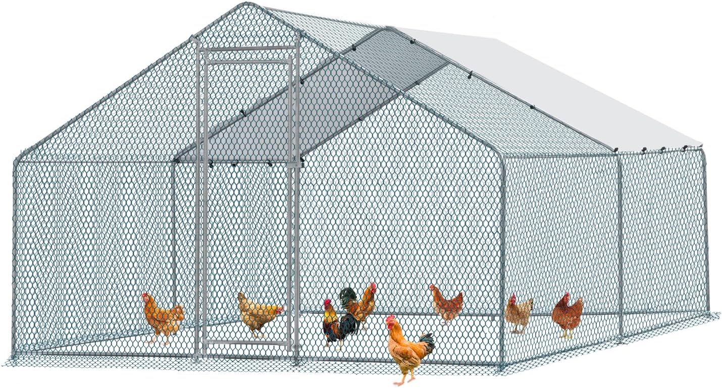 13 x 10 ft Metal Chicken Coop with Waterproof Cover, Walk-in Poultry Cage E9157