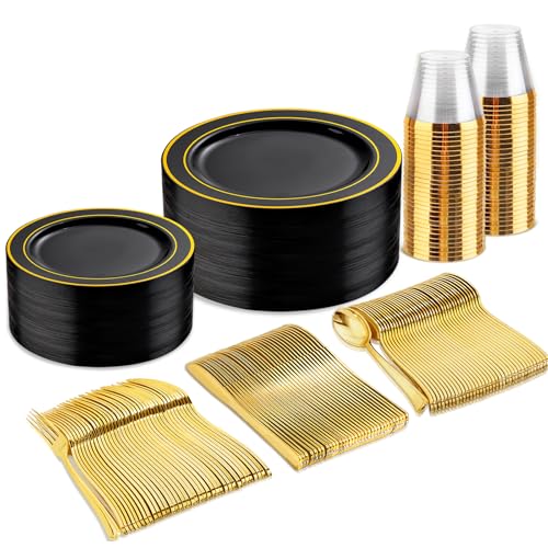 bUCLA 300PCS Gold Disposable Dinnerware Set - White and Gold Plastic Plates for Party S185