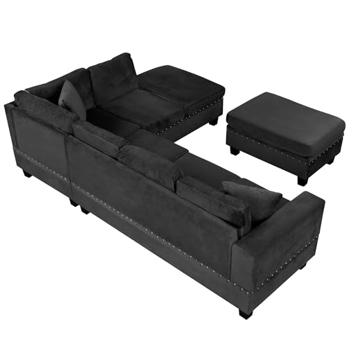 Merax Modern Sectional Sofa with Storage Ottoman, Black P61461