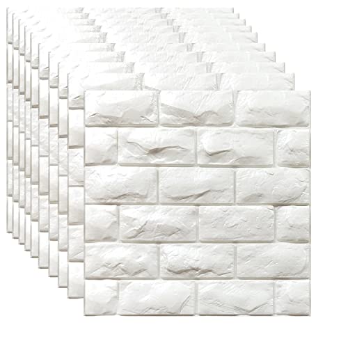 3D Wall Panels Peel and Stick 11PCS White Foam Brick Wallpaper for Bedroom Faux Stone Wall Panel Self-Adhesive Wallpaper (11PCS-10.65 Sq Ft, White)