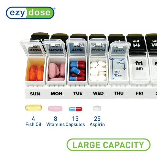 EZY DOSE Weekly 7-Day AM/PM Pill Case, Large Pop-Out Compartments, Black and Clear Lids O323