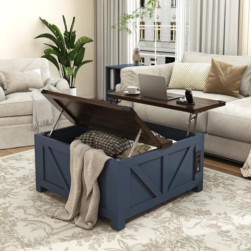 Farmhouse Lift Top Coffee Table with Storage and Charging Station, Brown J61149