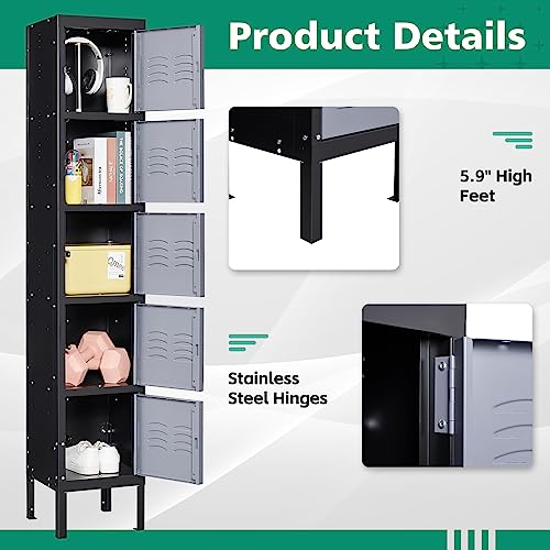 Letaya Metal Lockers 5 Doors 66" Tall Steel Storage Cabinet Gray G40479