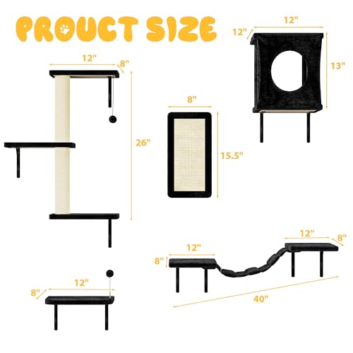NUNU LAB Wall Mounted Cat Climber Set with House, Tunnel, Scratcher, Black M305