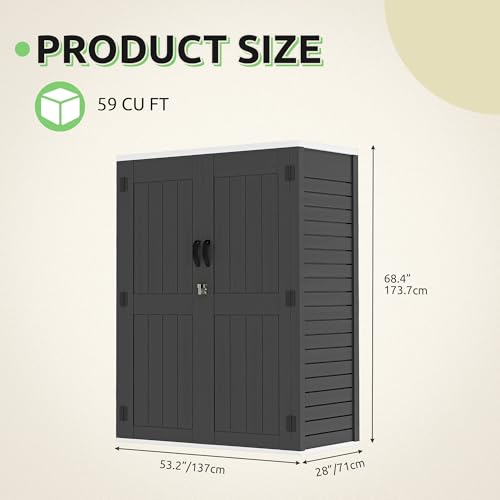 GOOBED Vertical Outdoor Storage Shed, 59 cu ft Lockable Waterproof Tool Organizer, Brown L70366