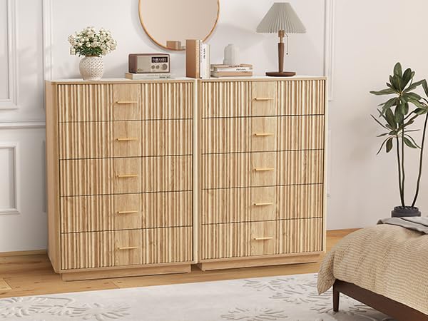 Fluted 5 Drawers Dresser for Bedroom, Wooden Tall Storage, Walnut L1075