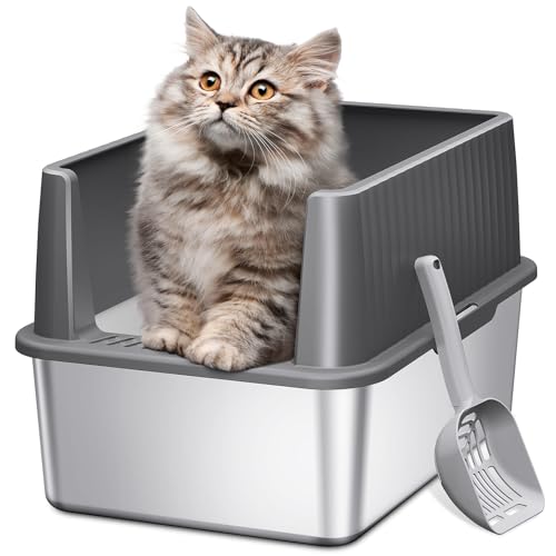 Barhon Stainless Steel Litter Box Small, Kitten Litter Box with High Sides 17" L x 13.3" W x 11.8" H, Metal Kitty Litter Box Easy to Clean, Non Sticky Bottom, Odor-Free, White