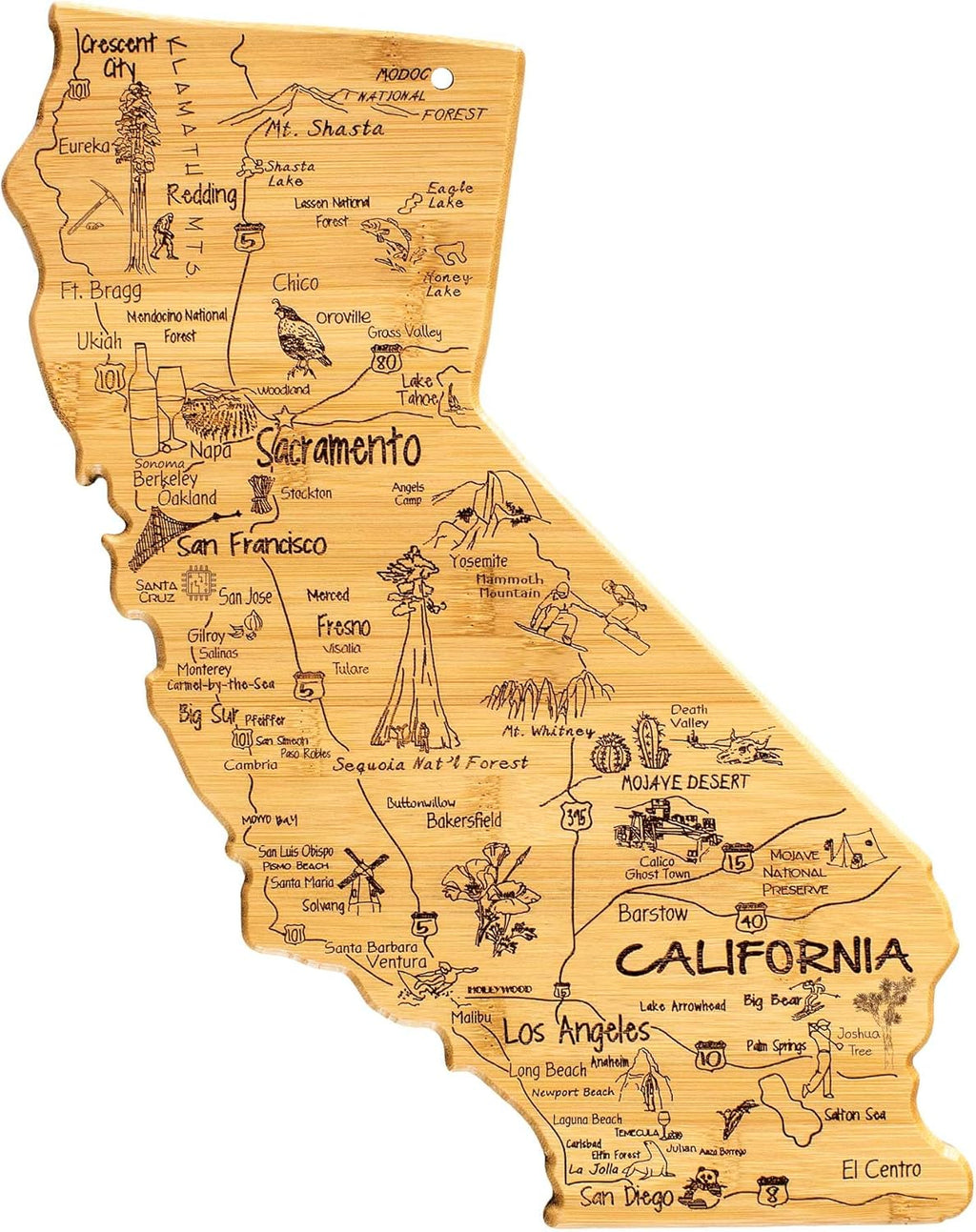 Totally Bamboo Destination California State Shaped Serving and Cutting Board, Includes Hang Tie for Wall Display