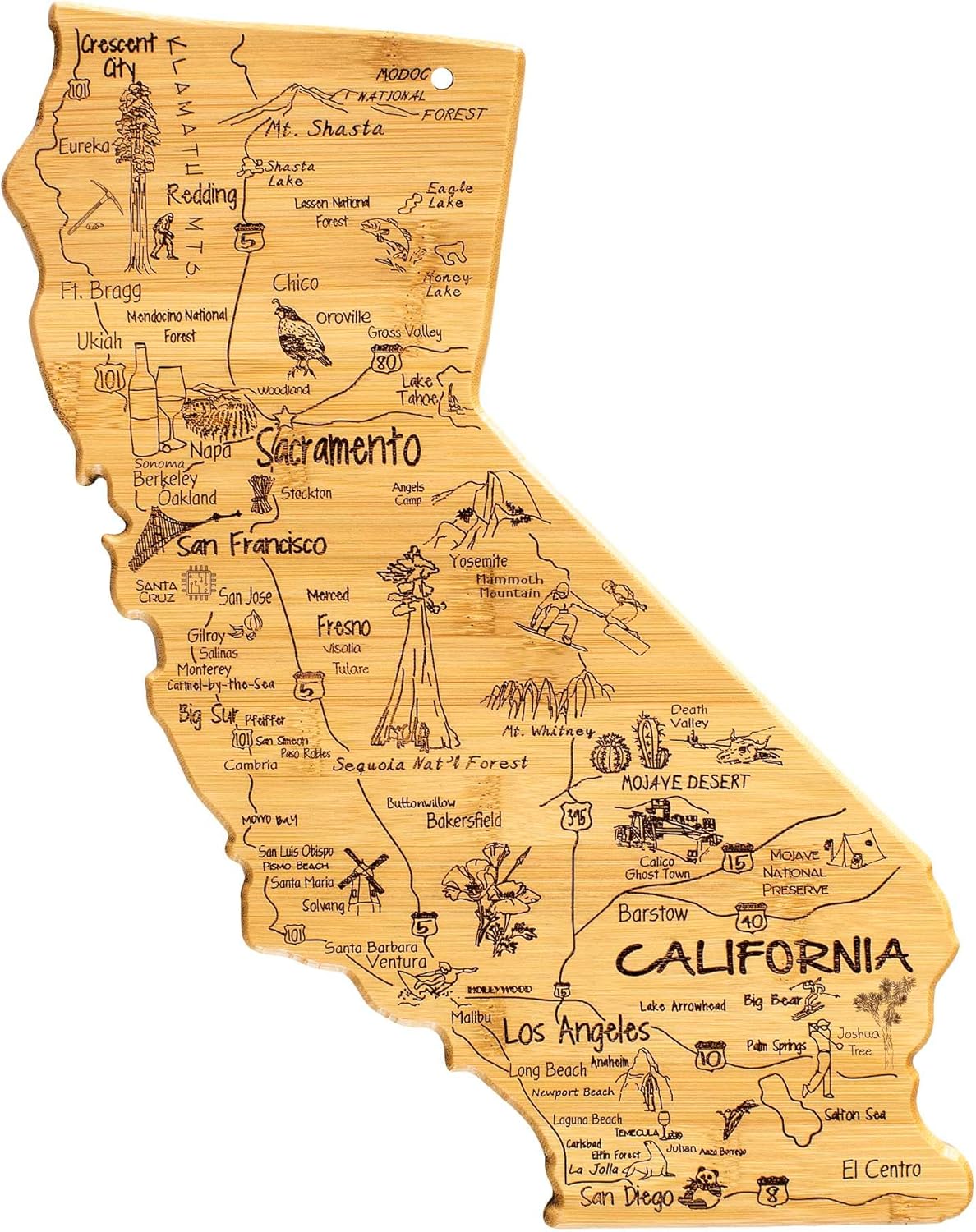 Totally Bamboo Destination California State Shaped Serving and Cutting Board, Includes Hang Tie for Wall Display