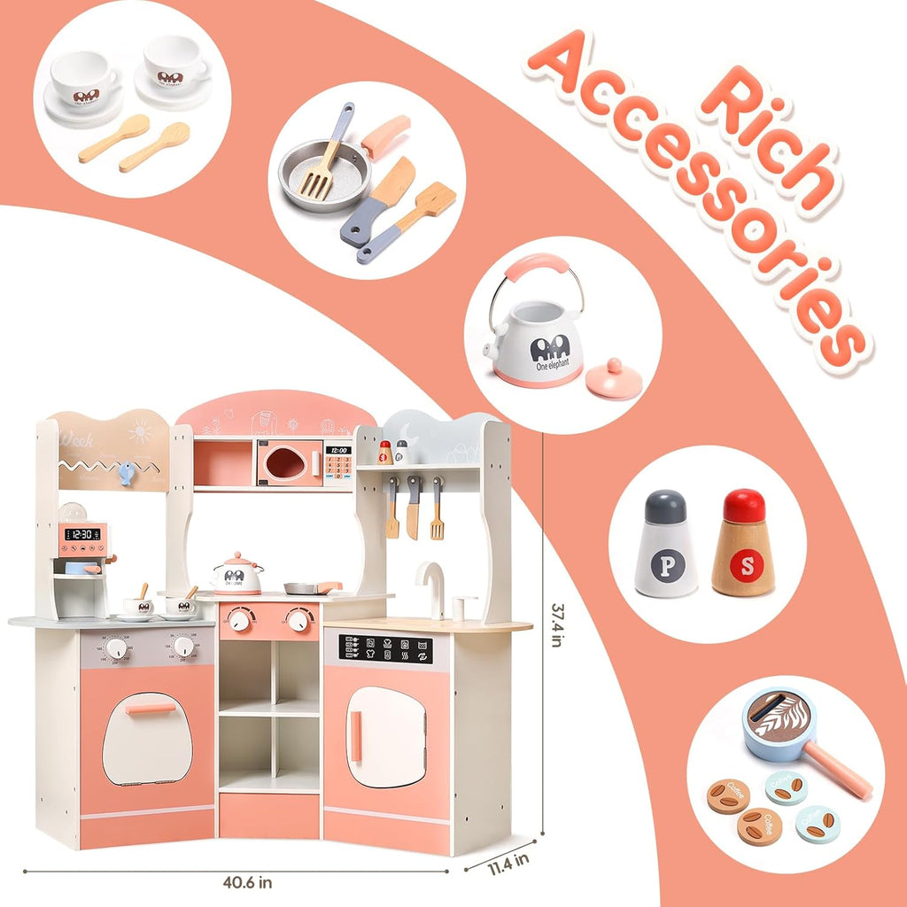 CUTE STONE Wooden Play Kitchen for Kids with Cookware Accessories Z309668