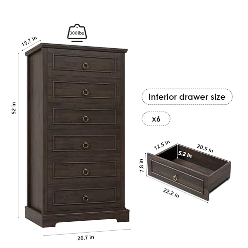 HOSTACK 6 Drawer Dresser for Bedroom, Tall Modern Farmhouse Chest, Dark Brown H747285