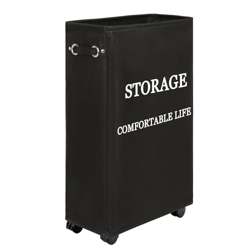 25" Slim Rolling Laundry basket on Wheels, 50L Collapsible Narrow Corner Laundry Hamper, Foldable Storage Bins, Beige