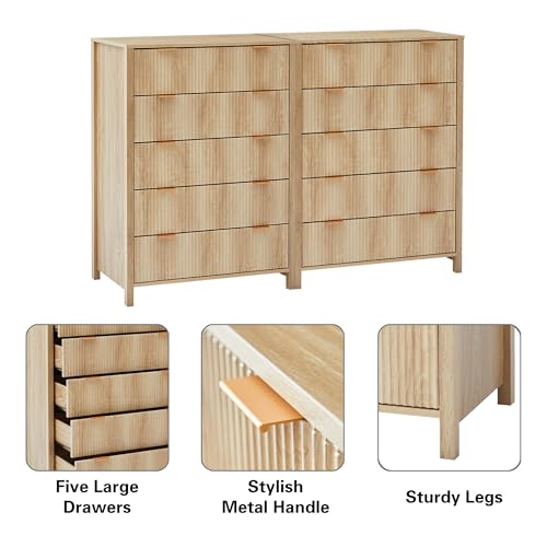 Fluted 5 Drawers Dresser for Bedroom, Wooden Tall Storage, Walnut L1075