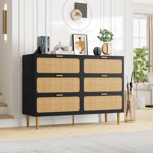 Rattan 5 Drawer Tall Dresser for Bedroom, Black V99880