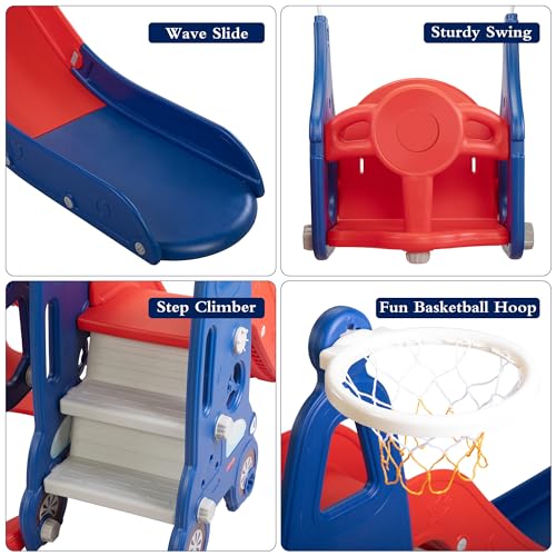 5 in 1 Toddler Slide and Swing Set for Kids Age 1-8, Indoor Outdoor Playset with Basketball Hoop O9645