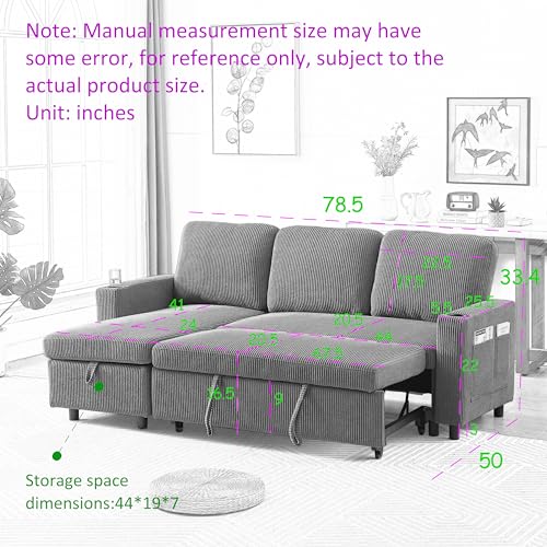 L-Shaped Pull Out Sleep Sofabed with Storage Chaise, Chenille Upholstered X30892