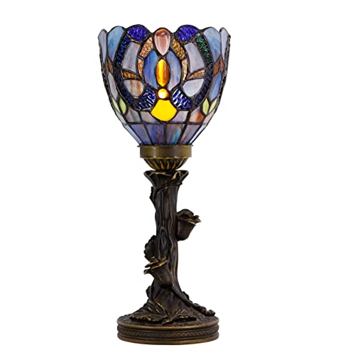 Small Tiffany Lamp Mini Stained Glass Table Lamp Red Rose Accent Desk Uplight W6H13.5 Inch Bronze Resin Base