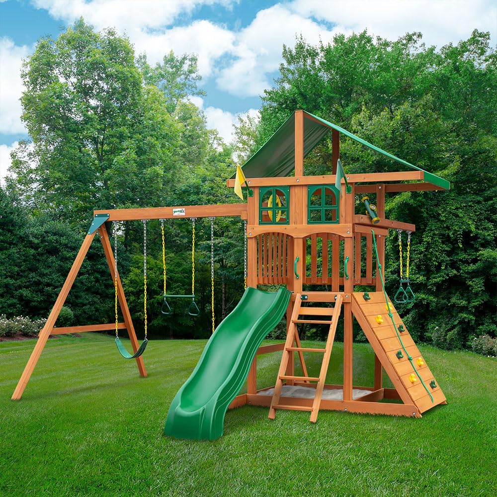 Gorilla Playsets Avalon Wooden Swing Set with Canopy, Climbing Wall and Slide K2120