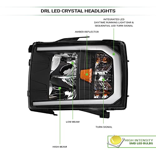 Compatible With Chevy Silverado 1500/2500/3500 HD Switchback Sequential LED Headlights Black Housing A769