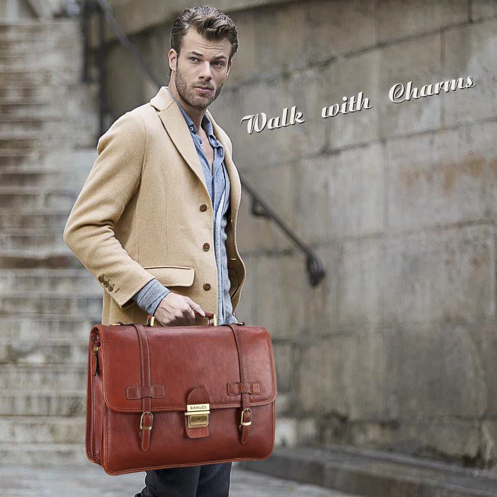 Banuce Vintage Genuine Full Grain Italian Leather Briefcase for Men with Lock 14 Inch Laptop Bag Brown B507453