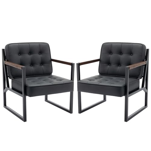 COLAMY Mid Century Modern Accent Chair Set of 2, Faux Leather, Black S4169