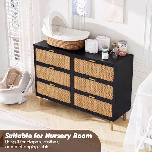 Rattan 5 Drawer Tall Dresser for Bedroom, Black V99880