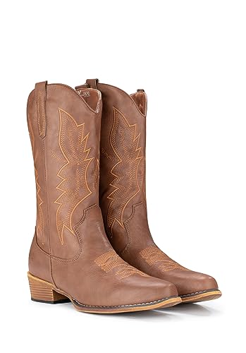 IUV Cowboy Boots for Women Western Cowgirl Pull On Pointy Toe Mid Calf W8288
