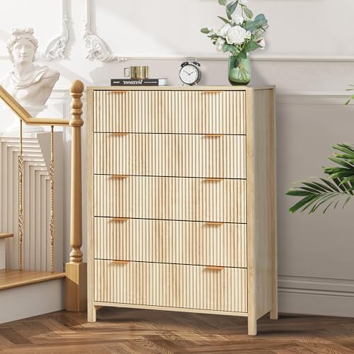 Fluted 5 Drawers Dresser for Bedroom, Wooden Tall Storage, Walnut L1075
