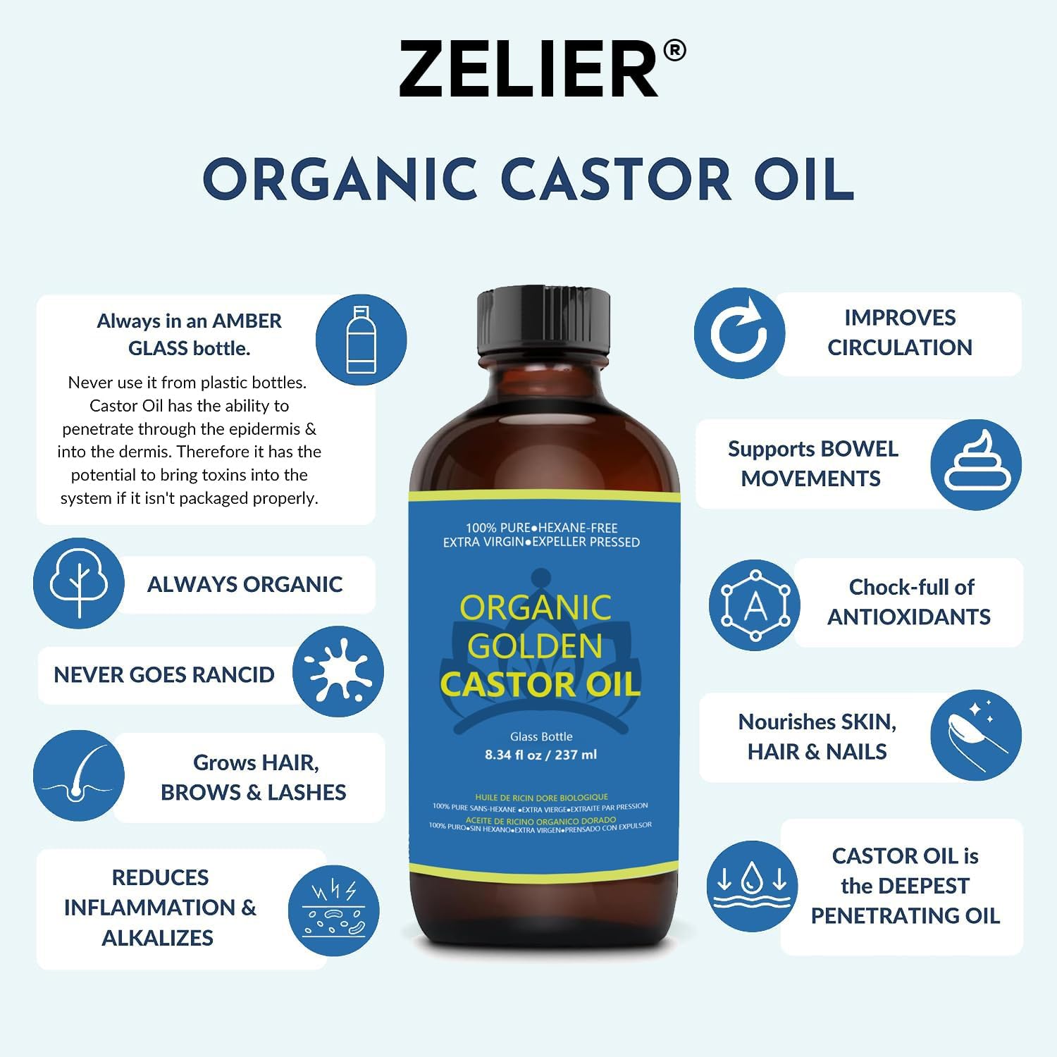 Castor Oil Pack for Liver Kit, Organic Cold Pressed Unrefined, Glass Bottle 8fl oz, 20 Self-Adhesive Wraps O20290