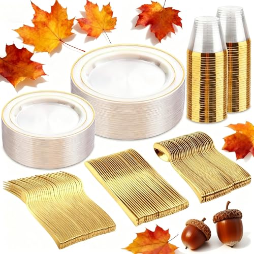 bUCLA 300PCS Gold Disposable Dinnerware Set - White and Gold Plastic Plates for Party S185