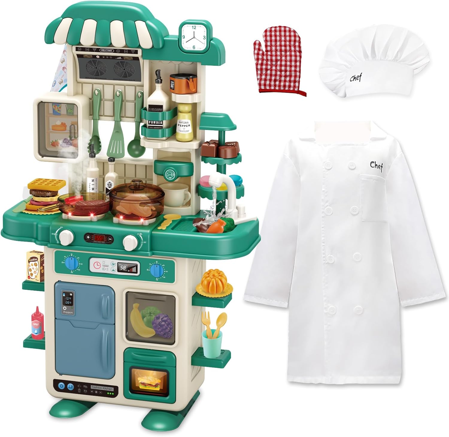 Deejoy 50Pcs Kitchen Playset with Chef's Uniform, Kid Play Kitchen with Realistic Lights & Sounds, Simulation of Spray and Sink, Pretend Food Toys Kitchen for Toddlers (Green)