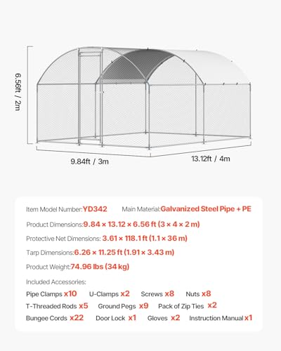VEVOR Large Metal Chicken Coop with Run, Walk-in Outdoor Poultry Pen W388