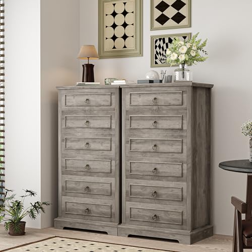 HOSTACK 6 Drawer Dresser for Bedroom, Tall Modern Farmhouse Chest, Dark Brown H747285