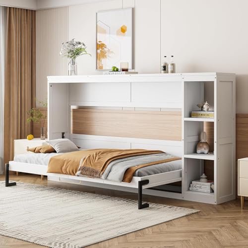 Full Murphy Bed with Storage Shelves, White Z979