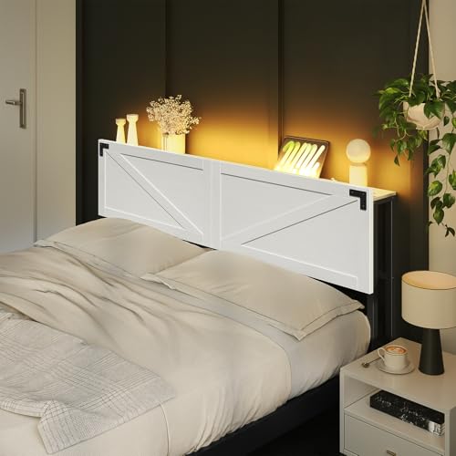 Queen Size Headboard with 2 Outlets and 4 USB Ports, LED Lights, White and Black H382