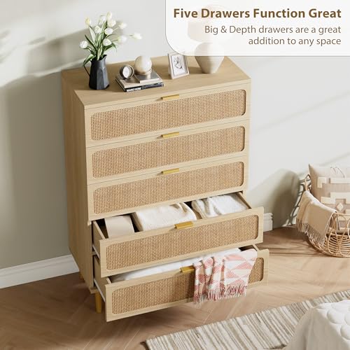 Rattan 5 Drawer Tall Dresser for Bedroom, Black V99880