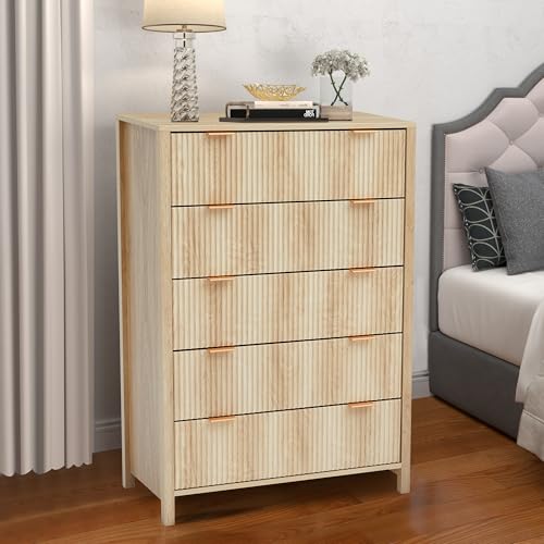 Fluted 5 Drawers Dresser for Bedroom, Wooden Tall Storage, Walnut L1075