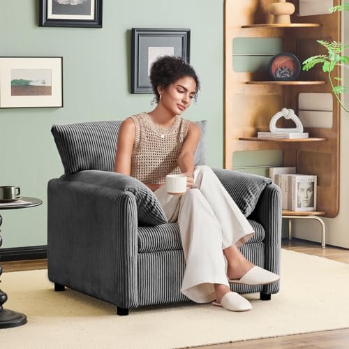 Corduroy Single Sofa Chair with Side Pocket, Beige O582