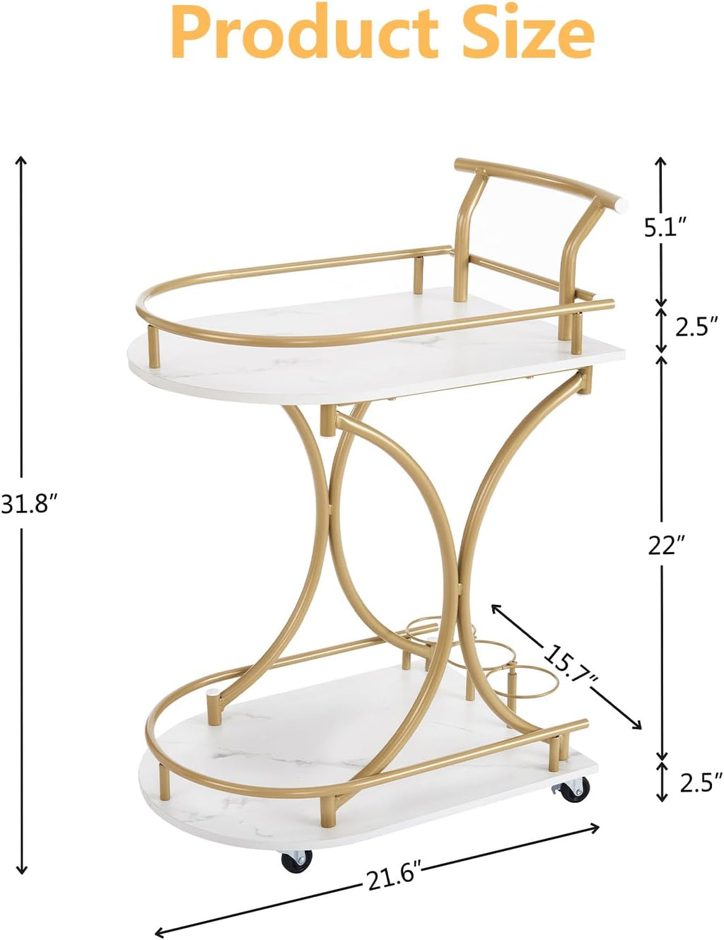 2-Tier Rolling Bar Cart with Wine Rack and Glass Holder, Gold K4336