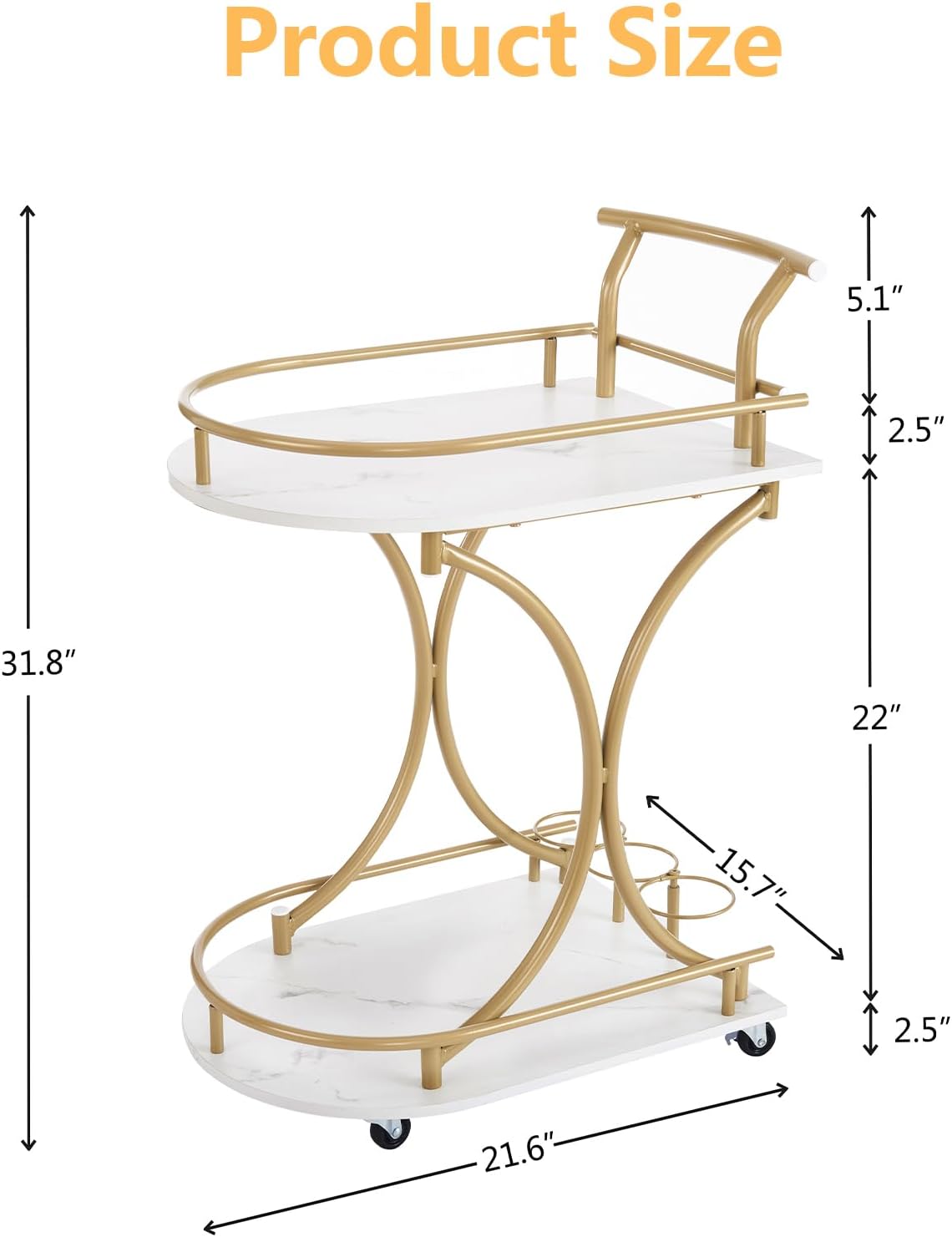 2-Tier Rolling Bar Cart with Wine Rack and Glass Holder, Gold K4336