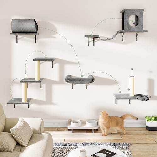 NUNU LAB Wall Mounted Cat Furniture Set 7 Pcs with Scratching Post - Light Gray P6315