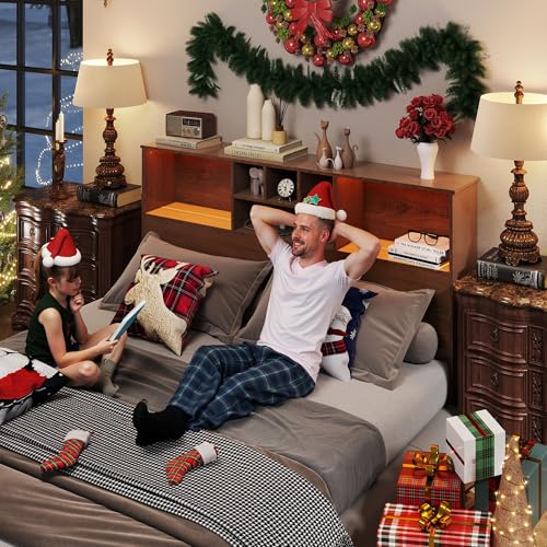 King Size Bed Headboard with LED Light and Storage Bookcase H72493