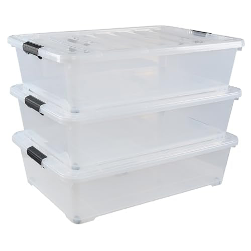 3-Pack 50 Quart Under Bed Plastic Storage Boxes, Large Clear Underbed Storage Container Bins with Wheels